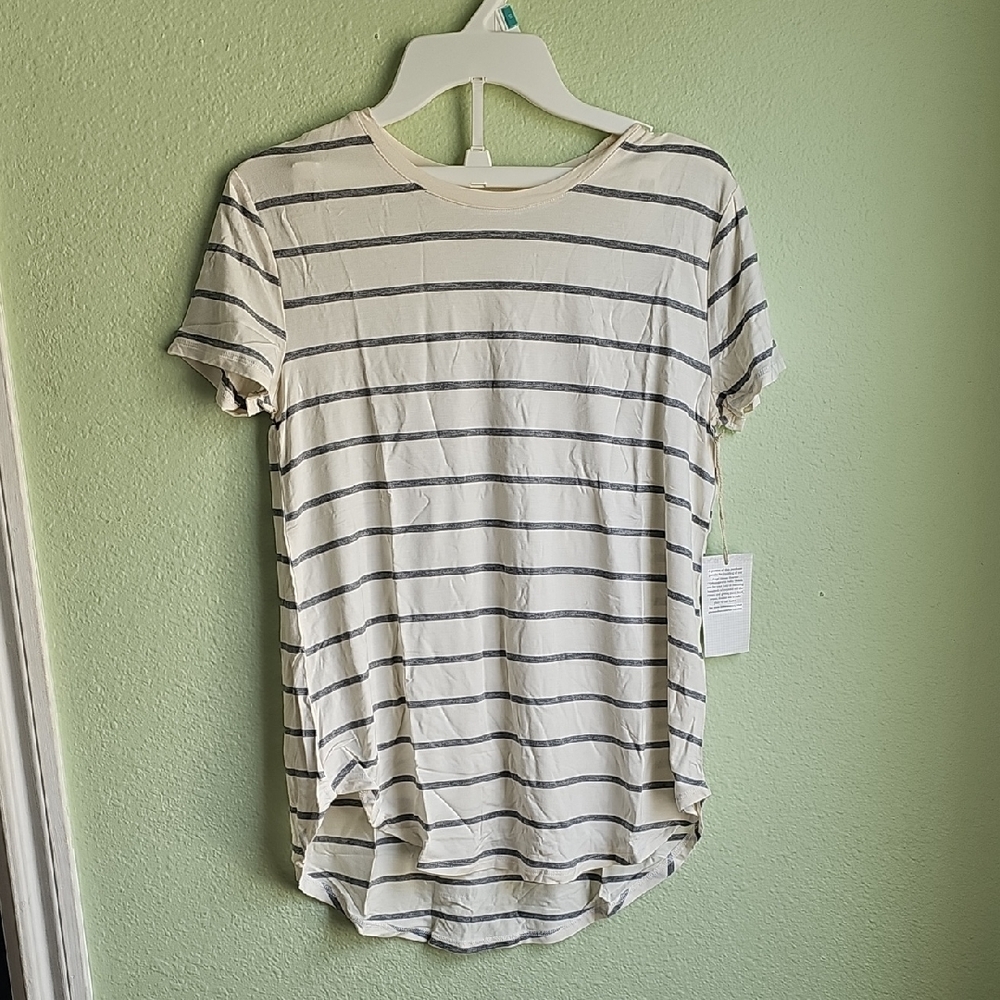 Grace & Lace Women's Striped Denim Gray and Cream Crew Neck Top, XXS-S